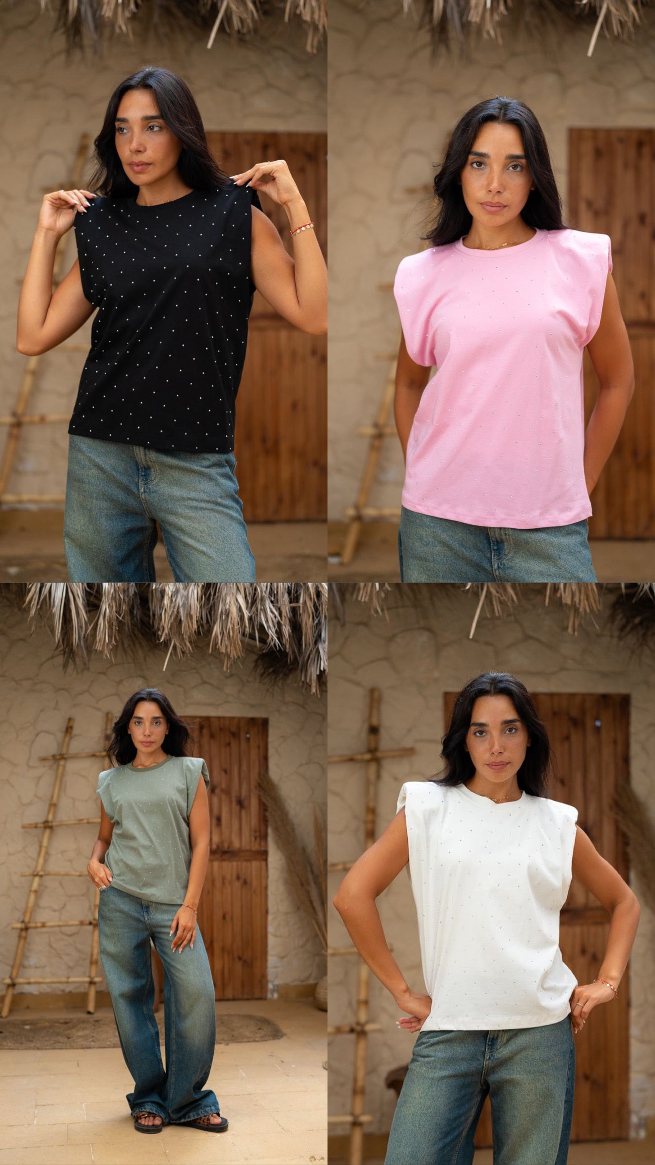 Rhinestone padded shoulder top