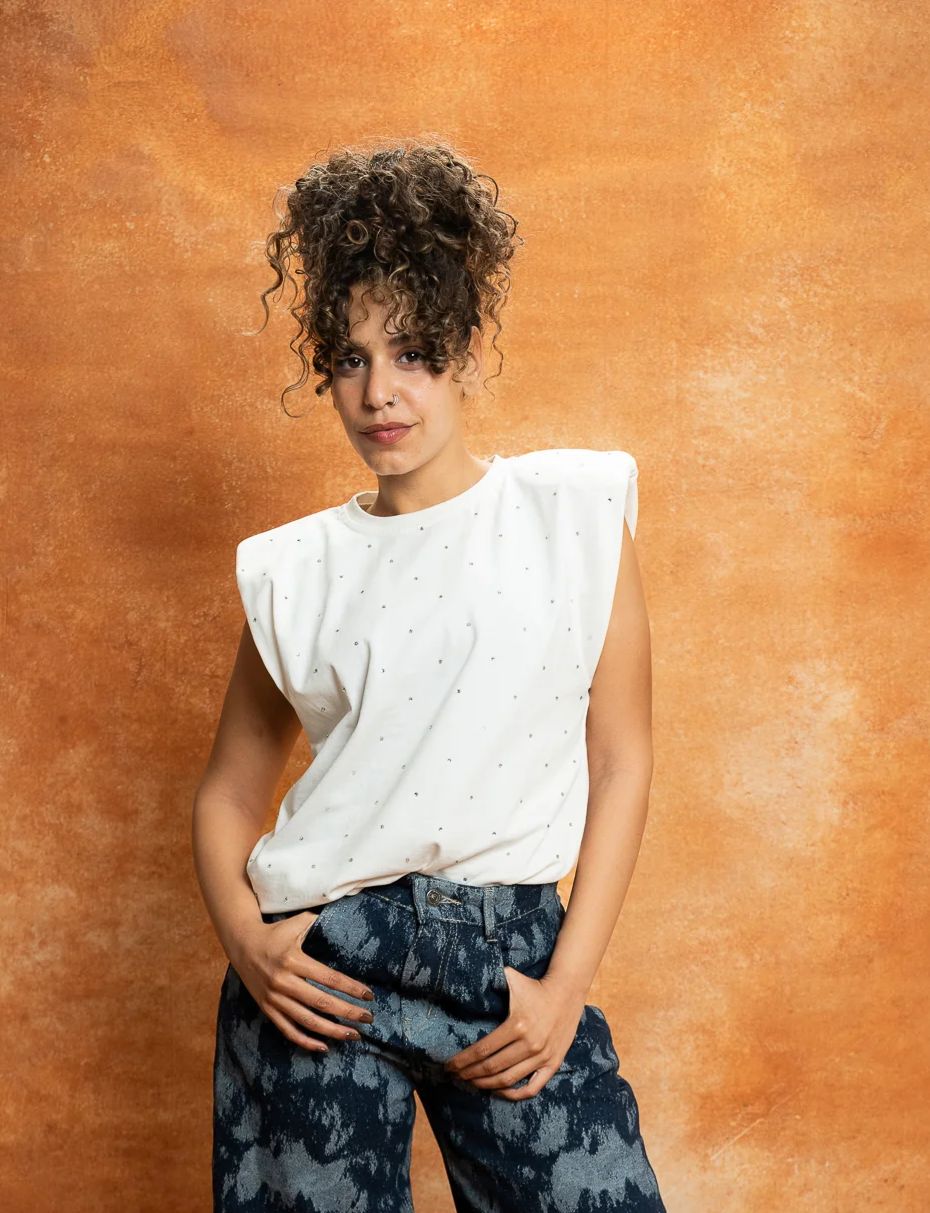 Rhinestone padded shoulder top
