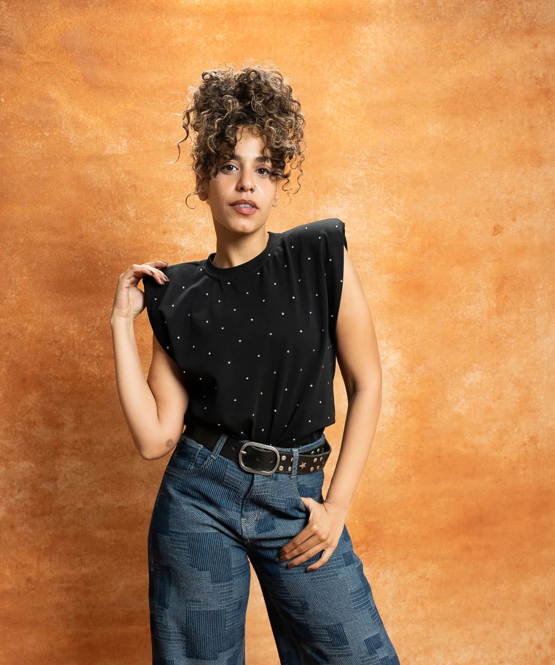 Rhinestone padded shoulder top
