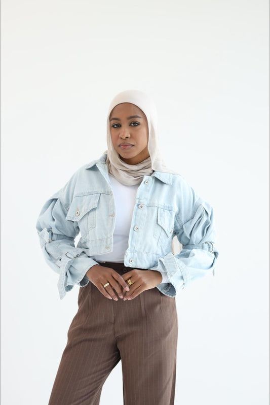 Denim jacket with arm straps