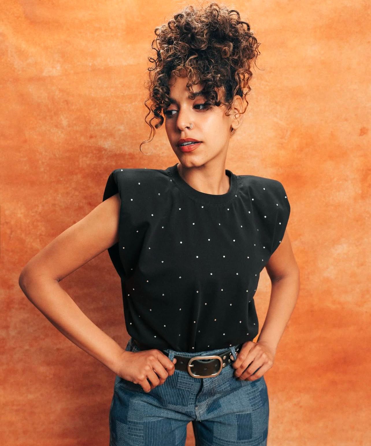 Rhinestone padded shoulder top